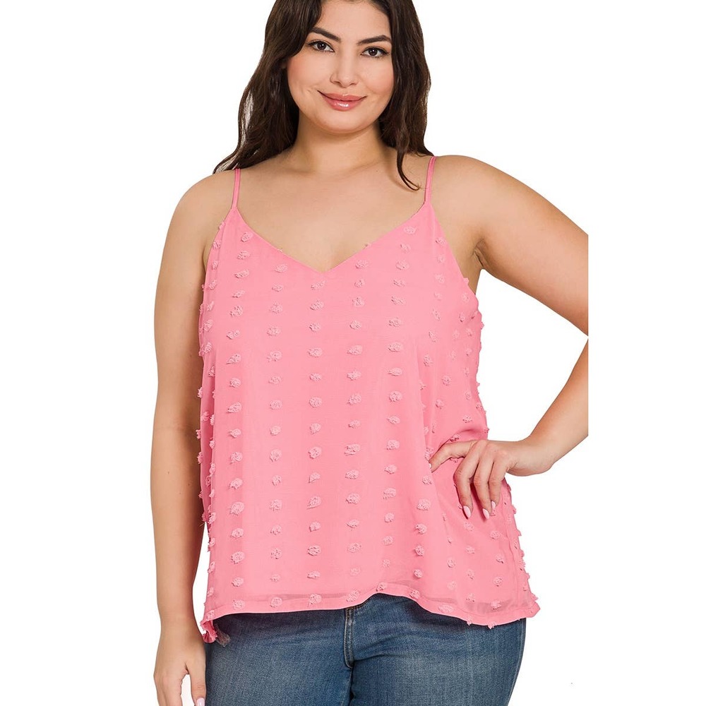 WOMEN'S PLUS SWISS DOT ADJUSTABLE STRAP V-NECK CAMI TOP DARK PINK